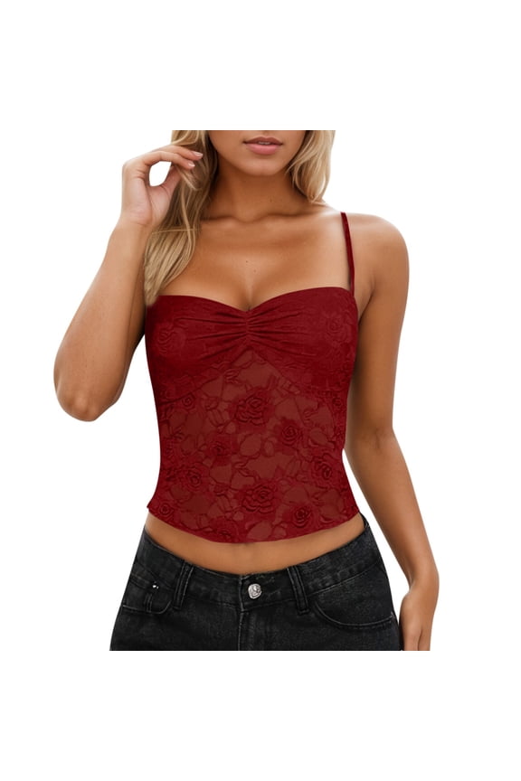 Women's Solid Color Thin Strap Fashion Lace Halter Top Bustier Design Casual Going Out Cropped Camisole and Fashion Sleeveless Top Red,S