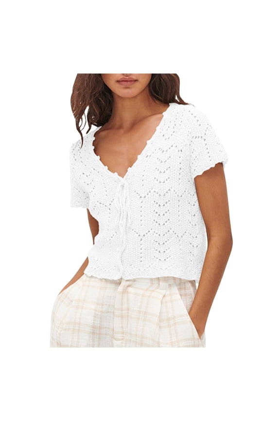 Women's Solid Color V-Neck Crochet Sweater Summer Short Sleeve Open Front Lace Knit Ruffle Detail Cardigan for Women White,M