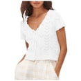 thumbnail image 1 of AWZXDE Women's Solid Color V-Neck Crochet Sweater Summer Short Sleeve Open Front Lace Knit Ruffle Detail Cardigan for Women White,XL, 1 of 9