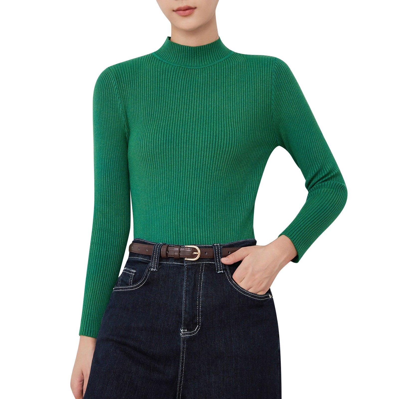 Women Round Neck Wave Stripe Color Collision Long-Sleeved Knit Sweater