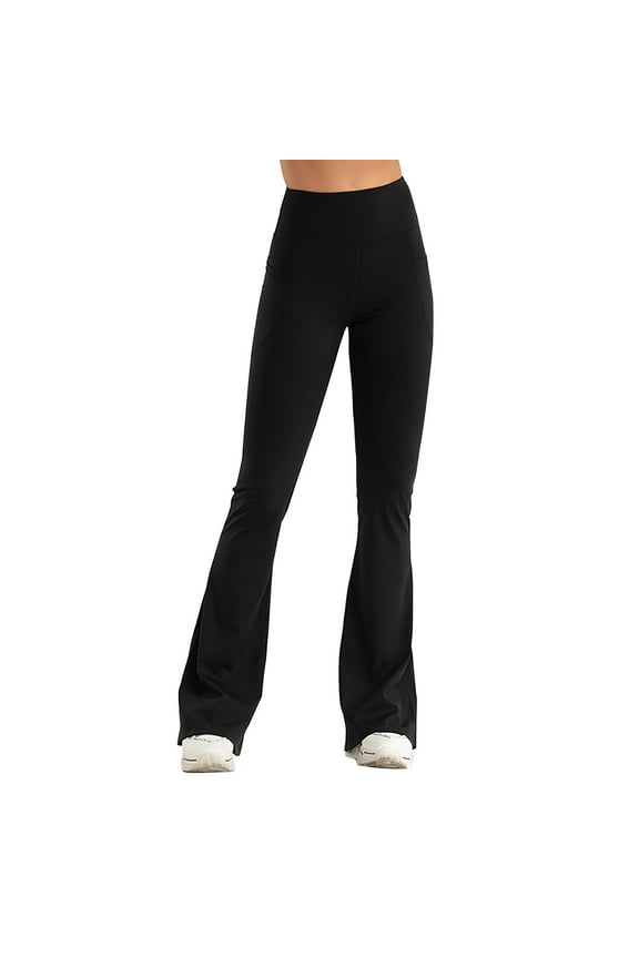 Women's Solid Color Yoga Pants with Pockets, High-Waisted, Extra Long Length Flared Leg for Tall Women, Casual Wide Leg Pants Black,M