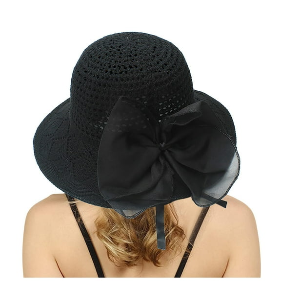 AWZXDE Women's Solid Knit Lace Sun Hat with Bow, Foldable Wide Brim Beach Hat for Travel Black,One Size