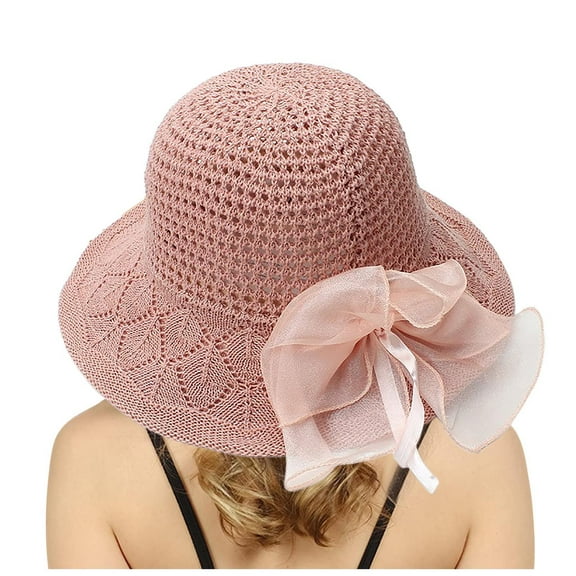 AWZXDE Women's Solid Knit Lace Sun Hat with Bow, Foldable Wide Brim Beach Hat for Travel Pink,One Size