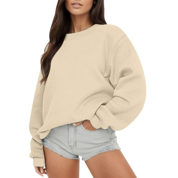 AWZXDE Women's Solid Color Oversized Loose Fit Pullover - Casual Versatile Long Sleeve Sweatshirt for All Seasons Beige,S
