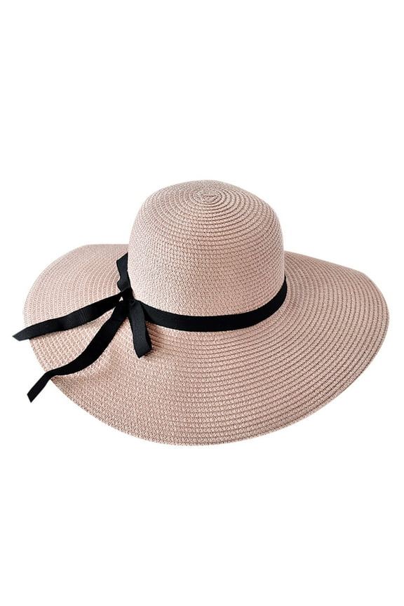Women's Summer Knit Sun Hat with Bow Ribbon, Wide Brim Beach Hat for Sun Pink,One Size