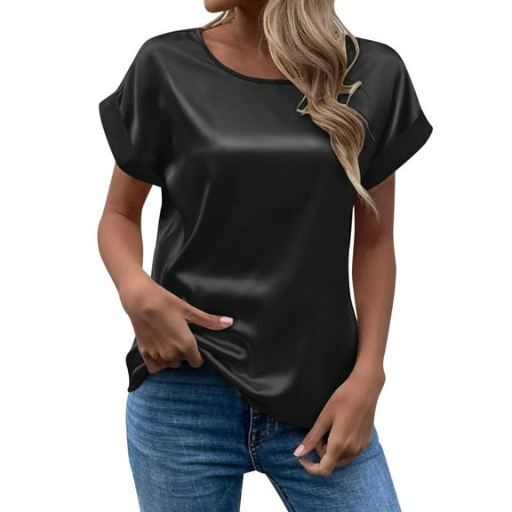 AWZXDE Women's Summer Satin Tee, Solid Color Short Sleeve Round Neck Lightweight Breathable Casual Wear Top Black,M