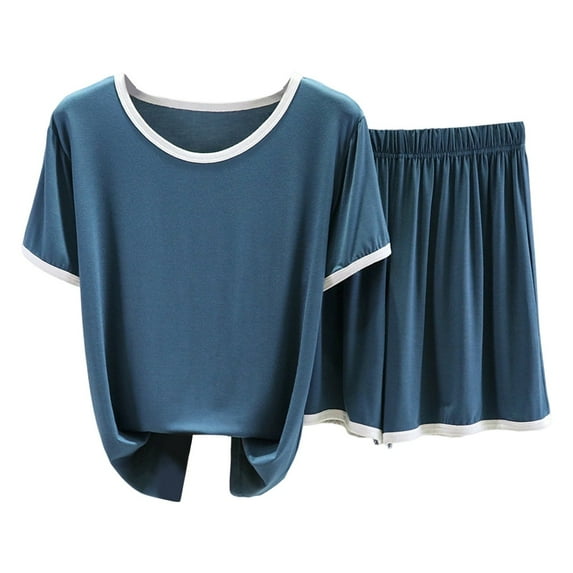 AWZXDE Women's Summer Solid Color Pajama Set Short Sleeve Round Neck Top with Comfortable Shorts Sleepwear BU2,L