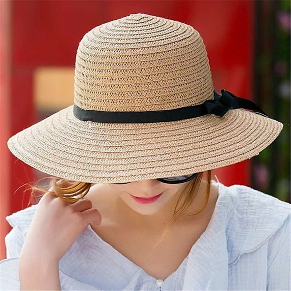 AWZXDE Women's Summer Solid Color Woven Sun Hat with Bow,Wide Brim Beach Hat Beige,One Size