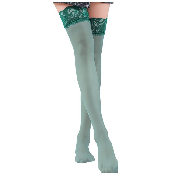 AWZXDE Women's Thigh High Socks with Lace Trim Solid Thin Sheer Fashion Stylish Cute for Casual Wear Dark Green,One Size
