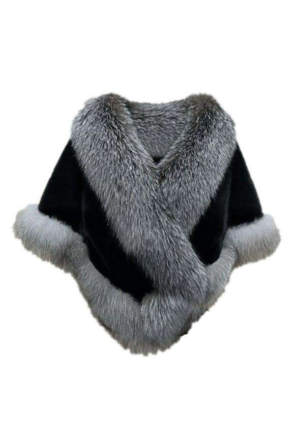 Women's Trimmed Winter Short Shawl Jacket - Thick Warm Lined Hooded Capelet with Collar, Cozy Outerwear for Cold Weather Black,One Size