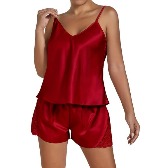 AWZXDE Women's V Neck Camisole Pajama Set with Lace Trim Shorts Solid Color Sleepwear Loungewear Outfit for Women RD1,L