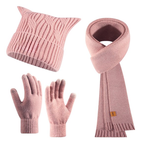 AWZXDE Women's Winter Daily Casual Thickened Warm Solid Color Cute Cat Ear Wool Knit Hat Scarf Gloves Three-Piece Set Pink