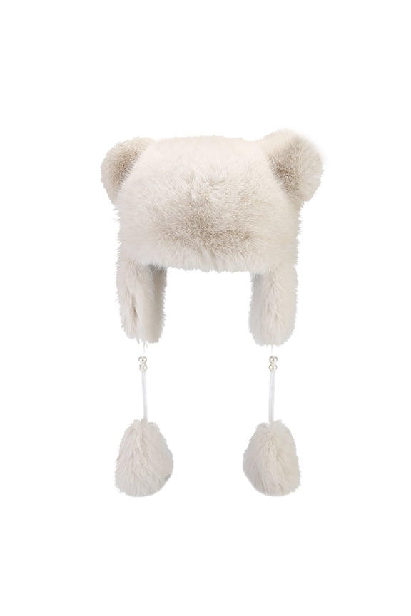 Women's Winter Double Layer Cozy Trapper Hat with Bear Ears Warm Ear Cover Cold Weather Cap Beige