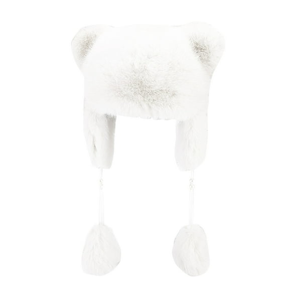 AWZXDE Women's Winter Double Layer Cozy Trapper Hat with Bear Ears Warm Ear Cover Cold Weather Cap White