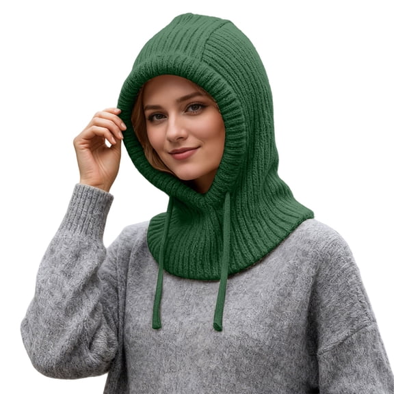 AWZXDE Women's Winter Hat with Adjustable Drawstring Winter Pull-on Earflaps and Neck Warmer Fashion Knit Warm for Outdoor Sports Dark Green,One Size