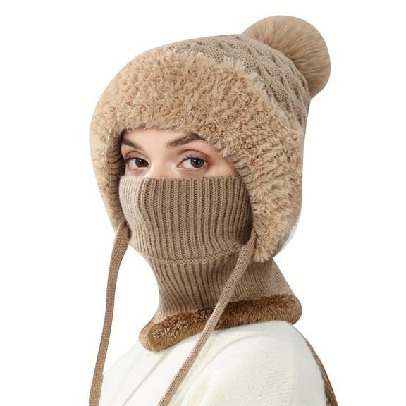 AWZXDE Women's Winter Solid Color Knit Hat Combined Neck Warmer Wool Cap Outdoor Riding Windproof Lined Thickened Warm Hat Khaki