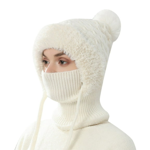 AWZXDE Women's Winter Solid Color Knit Hat Combined Neck Warmer Wool Cap Outdoor Riding Windproof Lined Thickened Warm Hat White