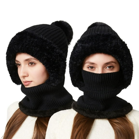 AWZXDE Women's Winter Solid Color Versatile Cold Weather Neck Warmer Combined Hat Outdoor Riding Ear Cover Knit Soft Cap Black