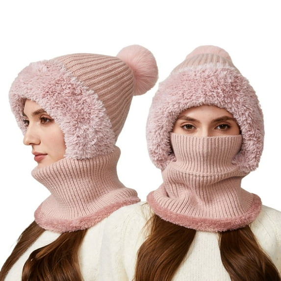 AWZXDE Women's Winter Solid Color Versatile Cold Weather Neck Warmer Combined Hat Outdoor Riding Ear Cover Knit Soft Cap Pink