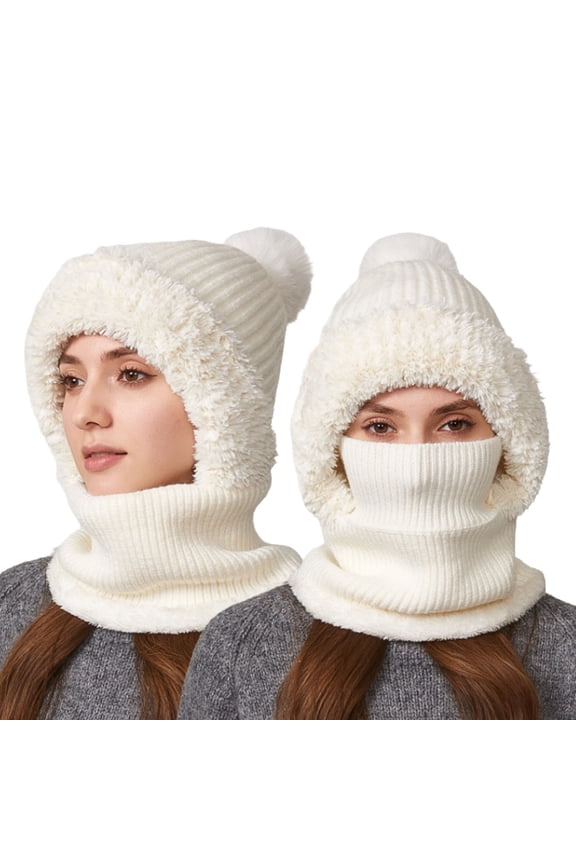 Women's Winter Solid Color Versatile Cold Weather Neck Warmer Combined Hat Outdoor Riding Ear Cover Knit Soft Cap White