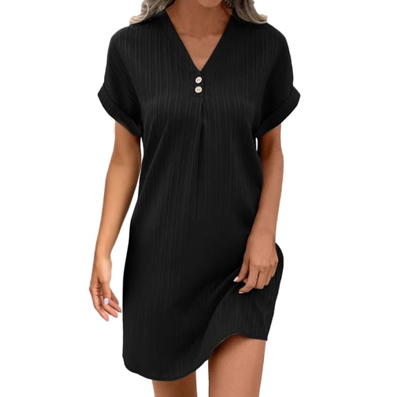 AWZXDE Women's Short Sleeve Dress Deep V Neck Button Down Design Solid Color Pullover Comfortable Casual Dresses for Everyday Wear Midi Dress Black,XL