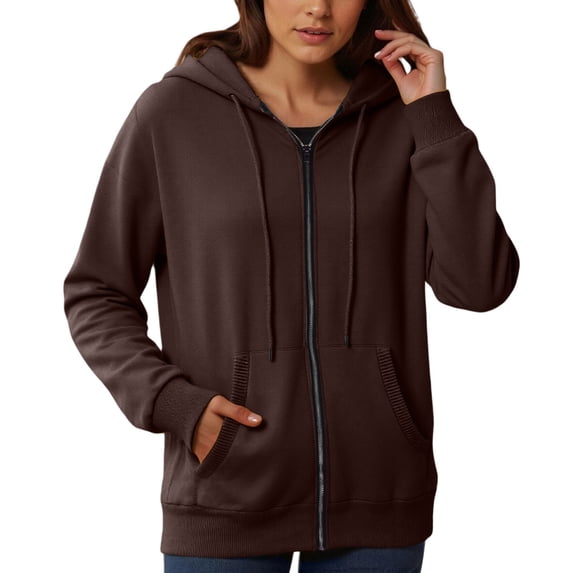 AWZXDE Women's solid color full zip hoodie featuring an adjustable drawstring hood and practical front pockets for casual everyday wear and athletic activities Coffee,XXL