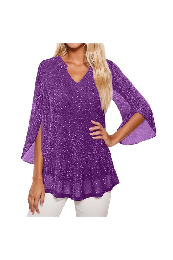Womens Dressy Blouse Light Weight Special Design Loose and Sequin Shirt V-neck 3/4 Flared Sleeve Leisure Tops Purple,S