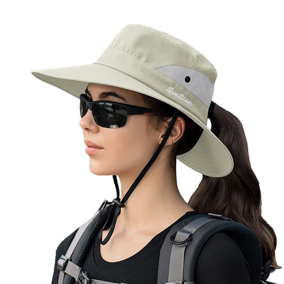 AWZXDE Womens Foldable Mesh Sun Hat With Wide Brim UPF Protection Ponytail Hole For Beach Fishing And Outdoor Sports Beige,One Size