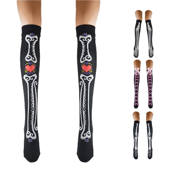 AWZXDE Womens Halloween Bone Print Knee High Socks‑Pattern Gothic Cosplay Socks With Bow Stretch Knit Socks for Halloween Party Outfit and Themed Dress‑up