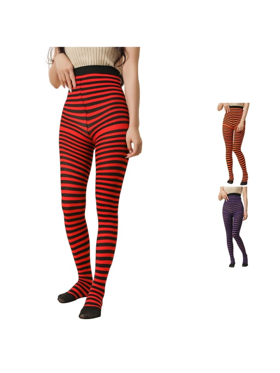 Womens Halloween Horizontald Footed Tights High Waist Stretch Tights Black Orange Purple Red Pantyhose for Cosplay Halloween Party and Themed Dress‑up