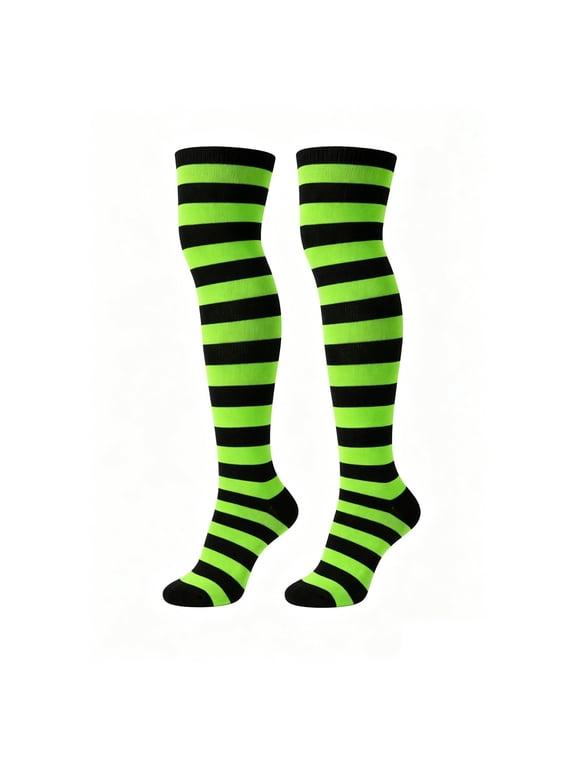 Womens Halloween Knee‑High Socks Black Neon‑Green Horizontal Striped Knit Socks for Witch Cosplay Great for Halloween Party Carnival Dress‑up and Themed Festival Accessories