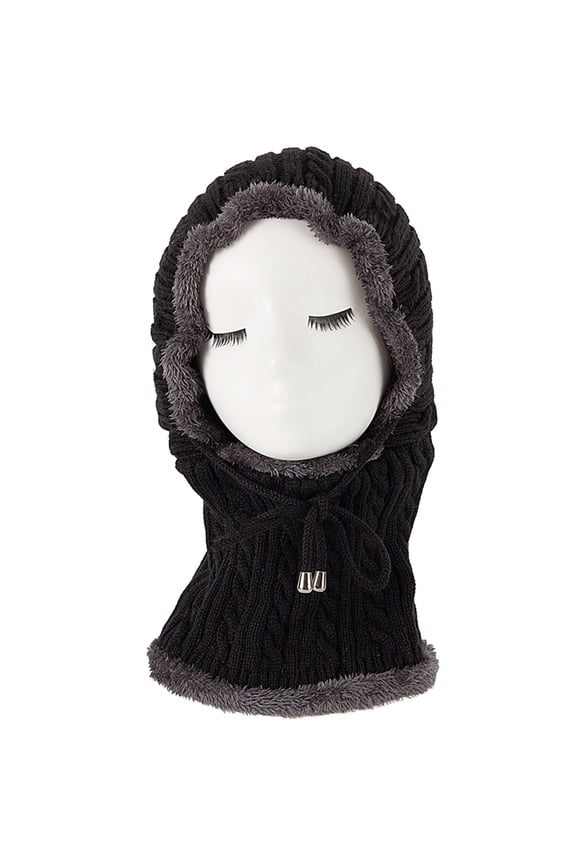 Womens Ordinary Solid Color Knit Hat with Trim and Attached Scarf Warm Hat and Scarf Set for Women for Casual Daily Winter Wear Black,One Size