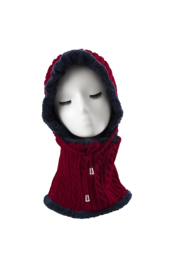 Womens Ordinary Solid Color Knit Hat with Trim and Attached Scarf Warm Hat and Scarf Set for Women for Casual Daily Winter Wear Red,One Size