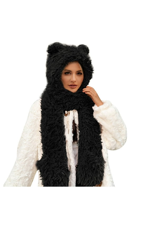 Womens Windproof Three In One Hooded Earflap Hat Long Scarf Gloves Set Winter Thermal Winter Hats For Women Black