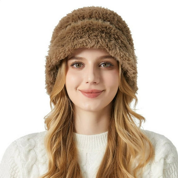 AWZXDE Womens Winter Hat Solid Color Simple Design Lined Warm Ear Flap Cap with Wide Brim Fashion Winter Hats Casual Beanie Brown,M