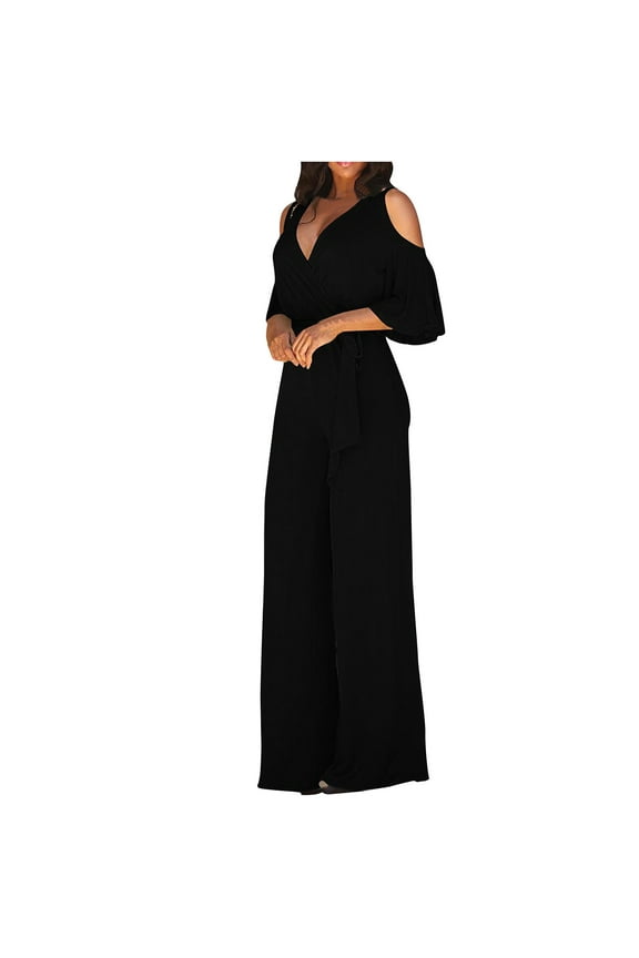 Women's Jumpsuits, Rompers & Overalls , Women Elegant Strapless Color Block Botton Off The Shoulder Long Sleeve Jumpsuit Wide Leg Pants Rompers