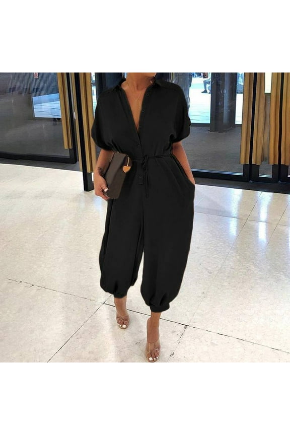 Women's Jumpsuits, Rompers & Overalls , Women Leopard Print Lapel Slim Long Button Rompers Short Sleeve Jumpsuits