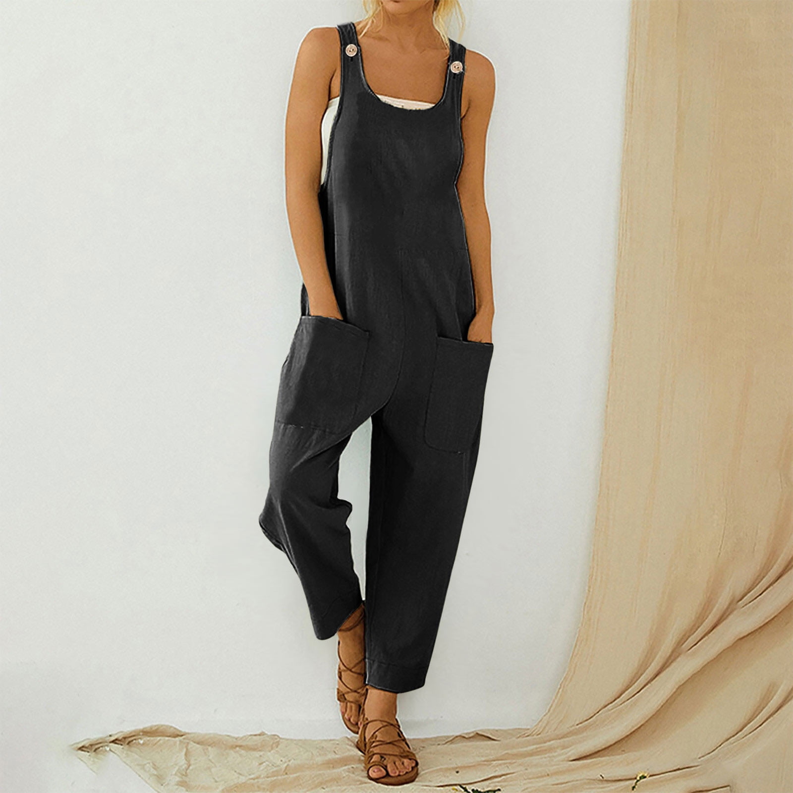 AWdenio Women s Jumpsuits Rompers Overalls Deals Womens Fashion Ethnic Style Solid Buttons Pocket Suspender Long Jumpsuit Walmart