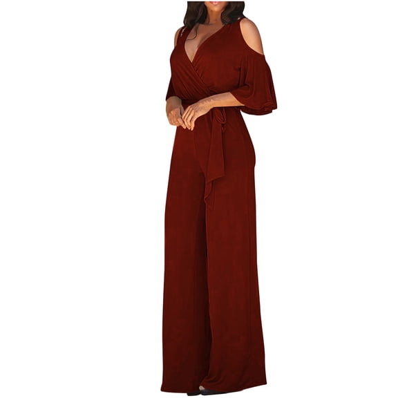 AWdenio Women's Jumpsuits, Rompers & Overalls , Women Elegant Strapless Color Block Botton Off The Shoulder Long Sleeve Jumpsuit Wide Leg Pants Rompers