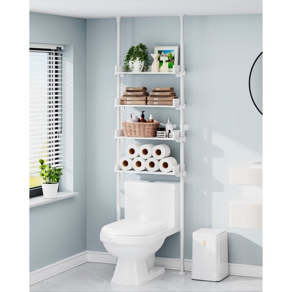 AX 4 Tier Over The Toilet Storage, Adjustable Wood Over Toilet Bathroom Organizer, Freestanding Shelves, Fit Most Showers Over The Toilet Shelf, 92 to 116 Inch Tall, White