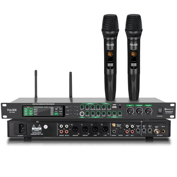 AX-666 Professional Karaoke Processor KTV Mixer with Dual Wireless Microphones, Digital Pre-Stage Effector Audio Vocal Effects Processor System with DSP Anti-Howling USB MP3 Bluetooth Optical