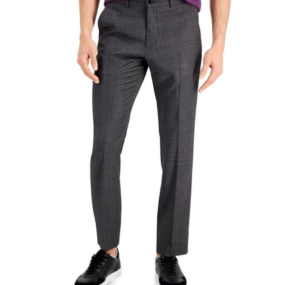 Armani Mens Slim Fit Windowpane Wool Dress Pants Slacks, Grey, 34W x 32L