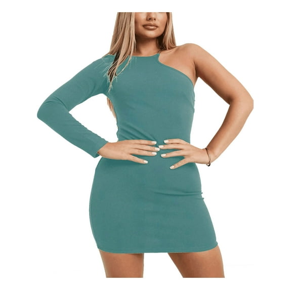 AX PARIS Womens Green Stretch Zippered Chain-detail One-shoulder Long Sleeve Asymmetrical Neckline Mini Cocktail Body Con Dress 12
