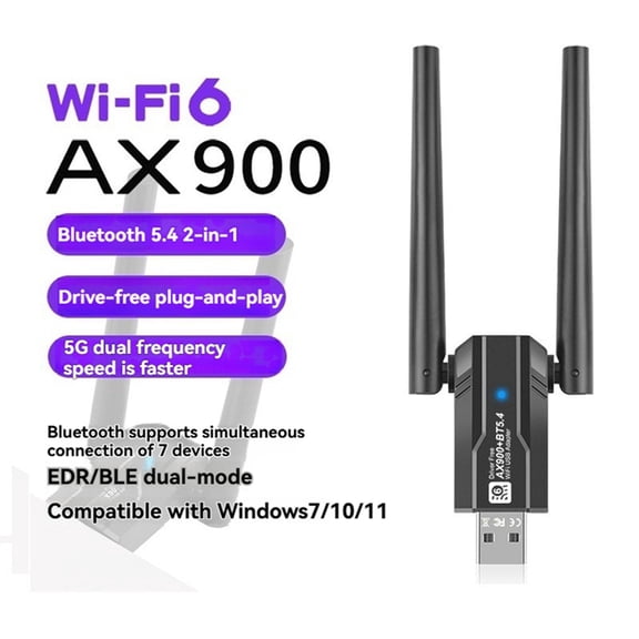 AX900 USB WiFi6 Adapter 2.4G/5Ghz Bluetooth 5.4 USB Dongle 900Mbps Wireless WLAN Receiver for Win7/10/11(32/64 Bit)