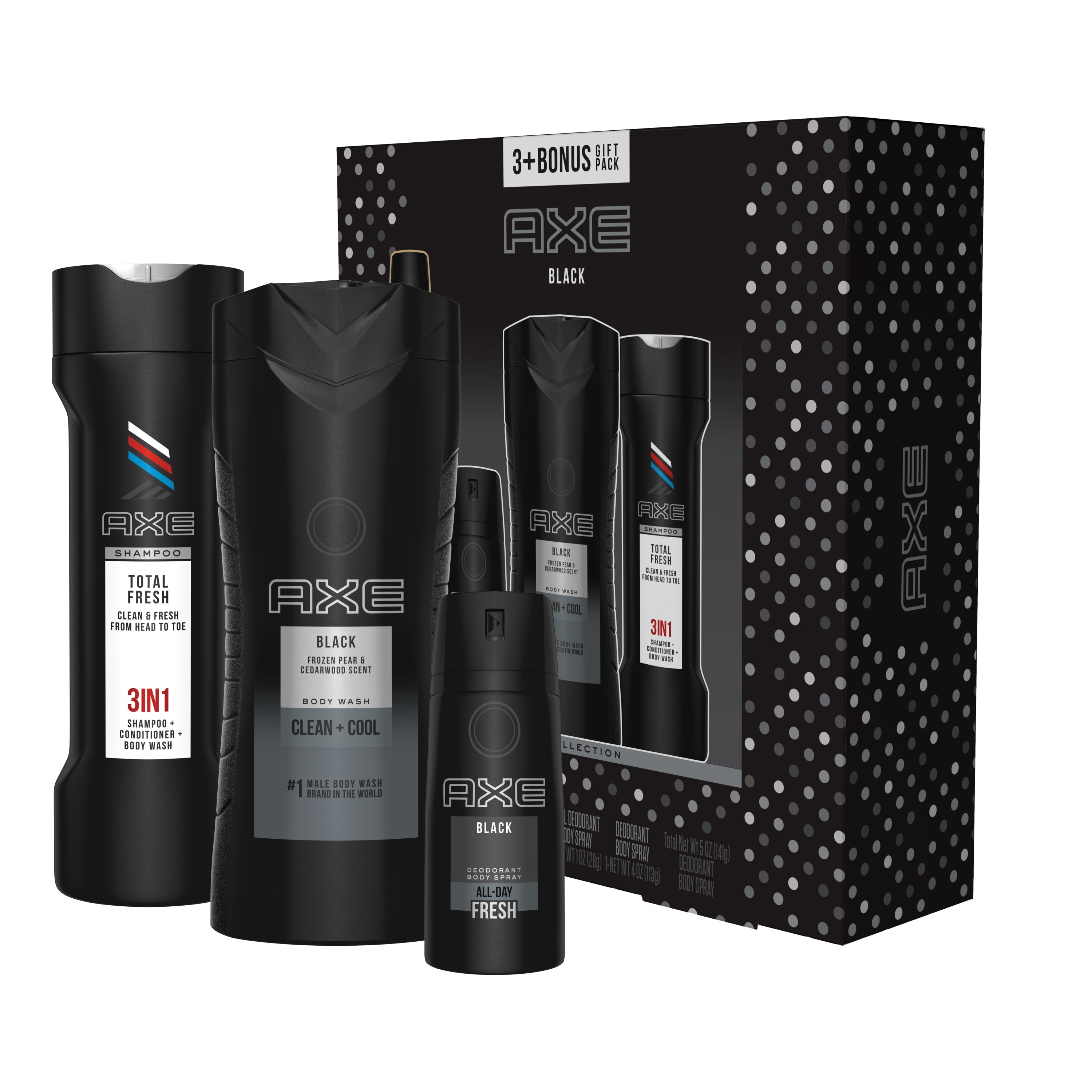 AXE 4-Pc Black Gift Set with BONUS Trial Deo Body Spray (Body Spray, Body Wash, 3 in 1 Shampoo + Conditioner + Body Wash) - image 1 of 8
