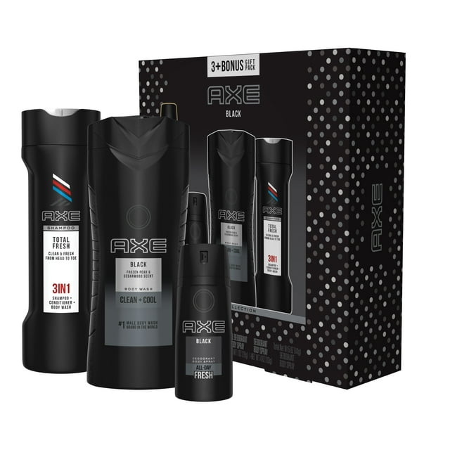 AXE 4-Pc Black Gift Set with BONUS Trial Deo Body Spray (Body Spray, Body Wash, 3 in 1 Shampoo + Conditioner + Body Wash)