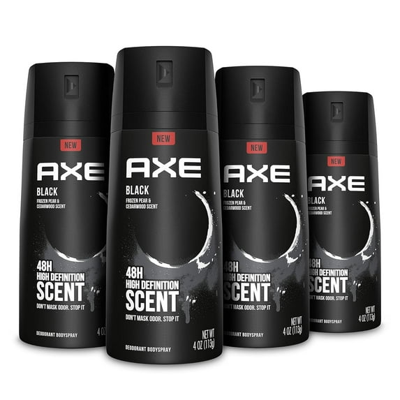 AXE Black Mens Body Spray Deodorant 48hr Odor Protection Frozen Pear & Cedarwood Aluminum Free Deodorant Body Spray, 4 Ounce Pack of 4