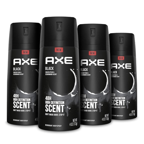 AXE Black Mens Body Spray Deodorant 48hr Odor Protection Frozen Pear & Cedarwood Aluminum Free Deodorant Body Spray, 4 Ounce Pack of 4