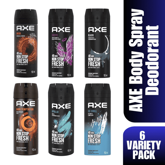 AXE Body Spray Deodorant Variety Pack for Men, Assorted Scents, 150 mL Each (6 Pack), Long-Lasting Fragrance & Odor Protection