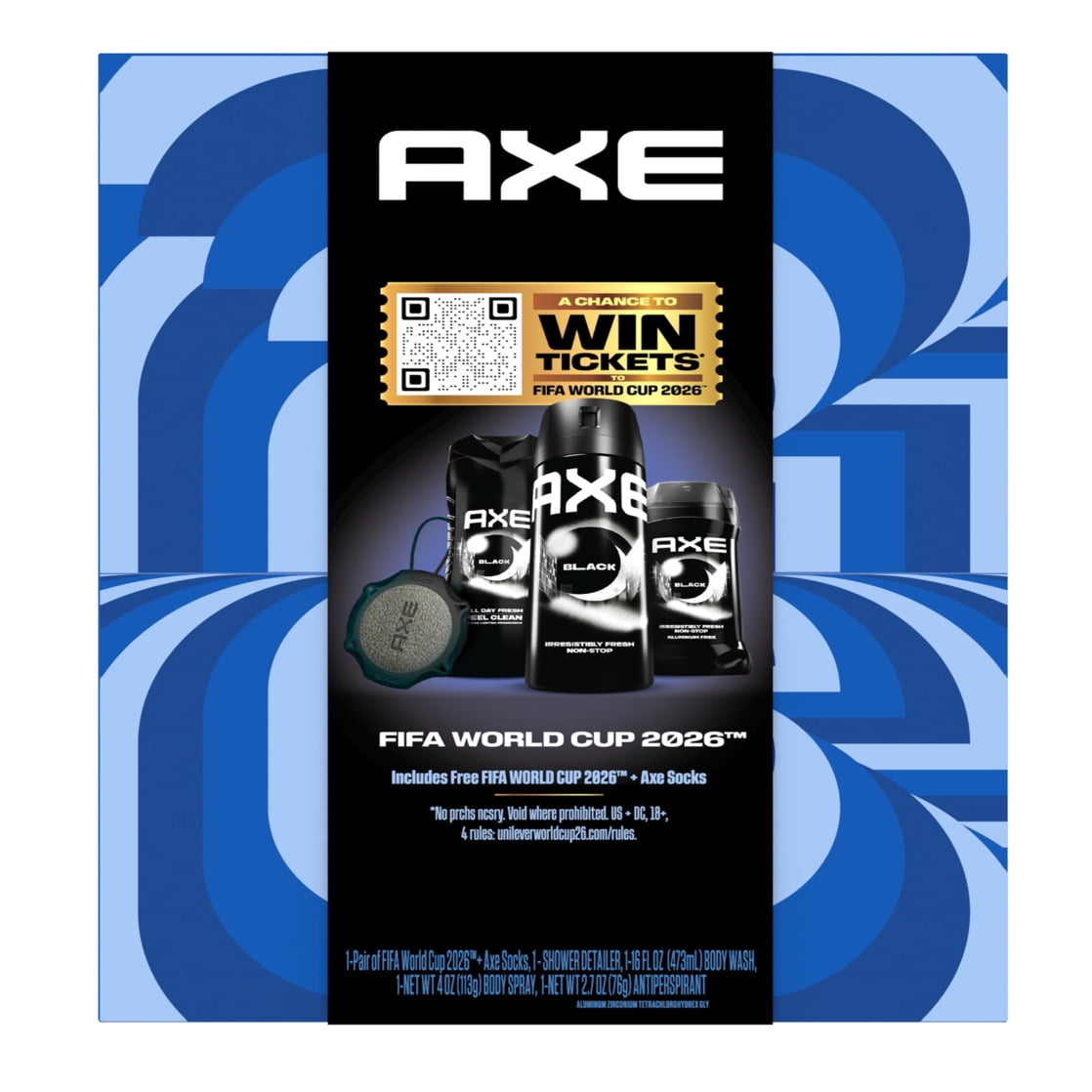 AXE Black Regimen x Fifa World Cup Body Care Gift Set with Body Wash, Deodorant Spray, Antiperspirant Stick & Shower Tool + Socks, 4 Count